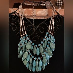Stunning Triple Row Faux Turquoise & Silver Tone Necklace
